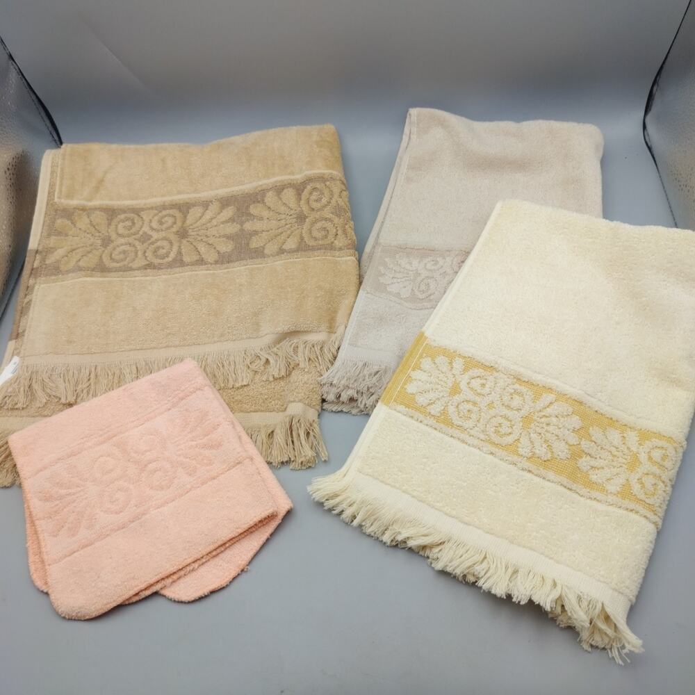 Vintage Cannon Monticello Bath Hand Wash Towel Set Of 4 Tan Yellow Peach